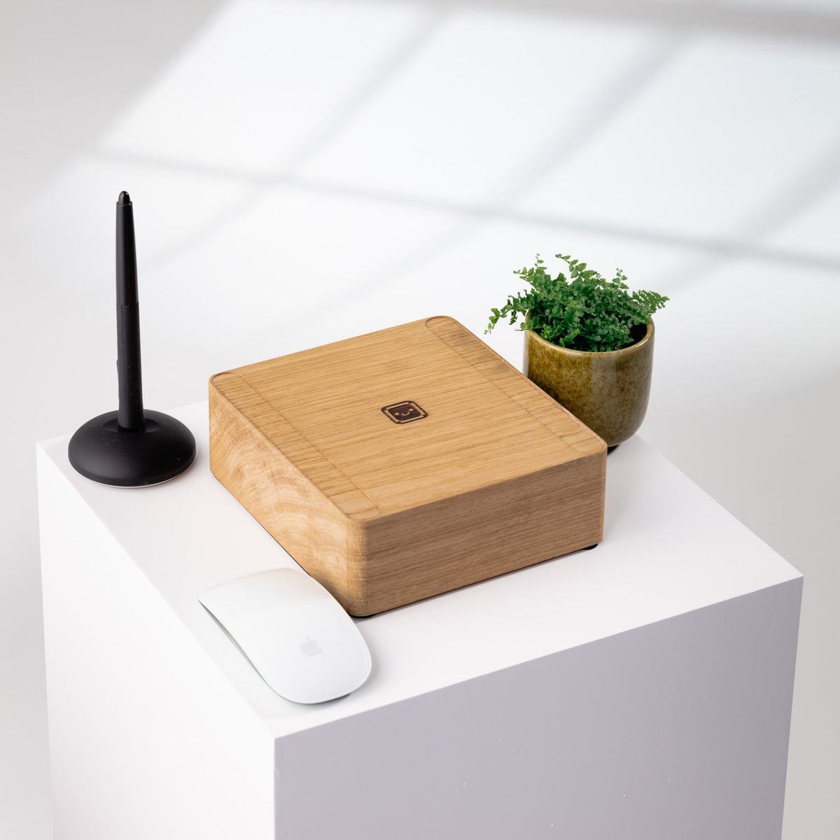 Wooden screen riser on a white surface with a plant and black object in the background